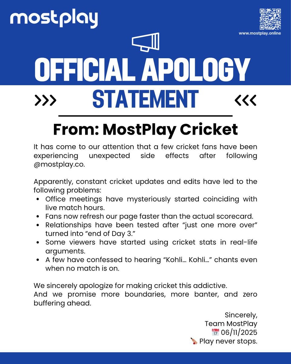 MostPlayApp's tweet image. We’re sorry for making cricket this addictive. (Actually… not really 😏) #MostPlay #ApologyStatement #FunPost