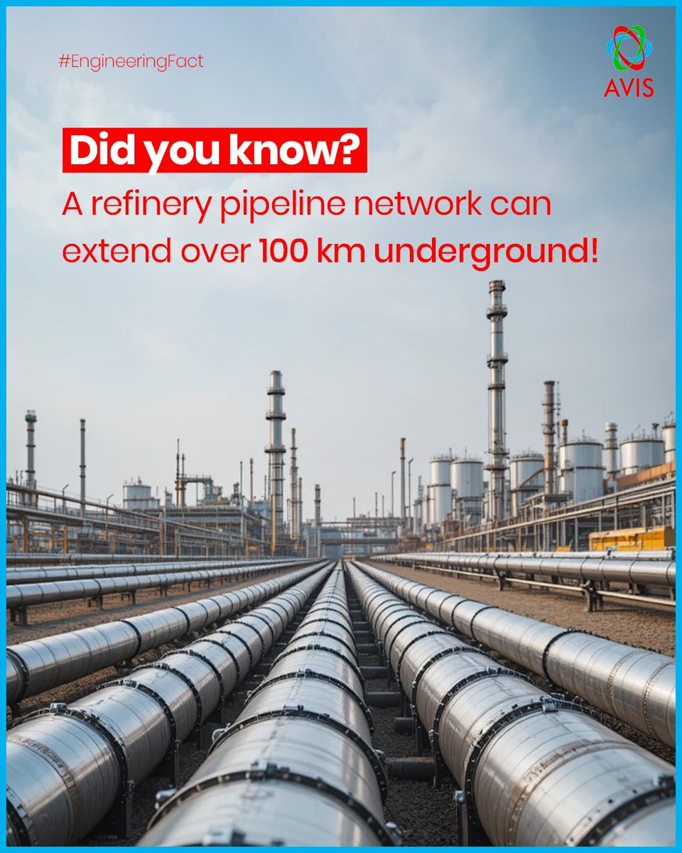 AVIS_Enertech's tweet photo. Refineries rely on complex pipeline networks to transport crude oil and refined products safely and efficiently.

#Engineering #IndustrialEngineering #OilAndGas #ProcessEngineering #AVISEnertech https://t.co/bIRtXU6oXq