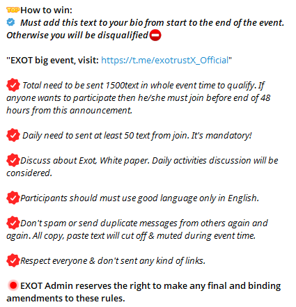 Exotrustx's tweet photo. 💥💥EXOTRUSTX Most Active TG Members Contest (Event No- 40)
🔜
Contest period: October 31 to November 15 || 2:00 PM (UTC)
✈️How to join: Participate in the EXOT Telegram community discussion at  https://t.co/0J9EvEii1E

@Exotrustx https://t.co/IDYmr8PEEv
