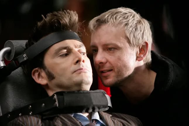 David Tennant as the Doctor with the Master, played by John Simm, the guest at our next event in four weeks' time, on Thursday December 4th. John will be interviewed on his career with questions from the audience. More at the-space.uk