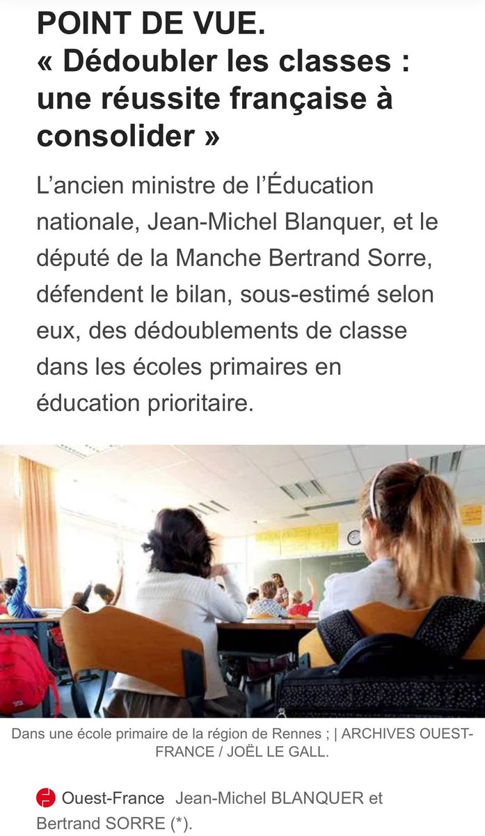 Diviser par deux le nombre d’élèves dans les classes de grande section, CP et CE1 en éducation prioritaire, c’est de l’efficacité pédagogique et de la justice sociale pour 15% d’une classe d’âge.
Une innovation volontariste et concrète depuis 2017 !
ouest-france.fr/reflexion/poin…
