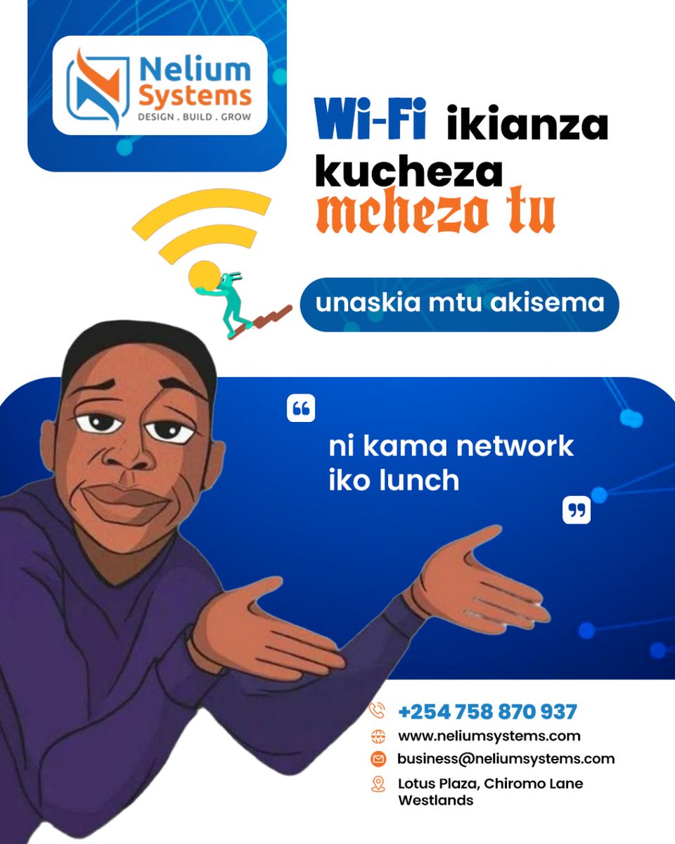 Nelium_Systems's tweet image. When your Wi-Fi starts lagging and people say “network iko lunch,” it’s time to switch to a reliable solution.
+254 758 870 937 | business@neliumsystems.com | neliumsystems.com | Lotus Plaza, Chiromo Lane, Westlands
#ThePlanIsWorking #AIBKAt55 #FreeTheGate #BrokenWipers