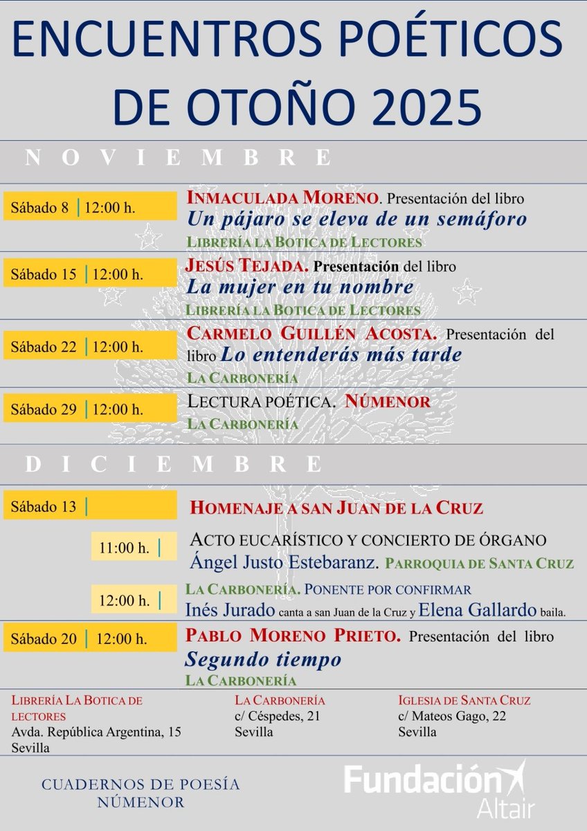 AMartinNavarro's tweet photo. Encuentros Poéticos de Otoño 2025. Para los que estéis en Sevilla por estas fechas o podáis acercaros. El cartel viene completito este año. https://t.co/OrfYiTTush