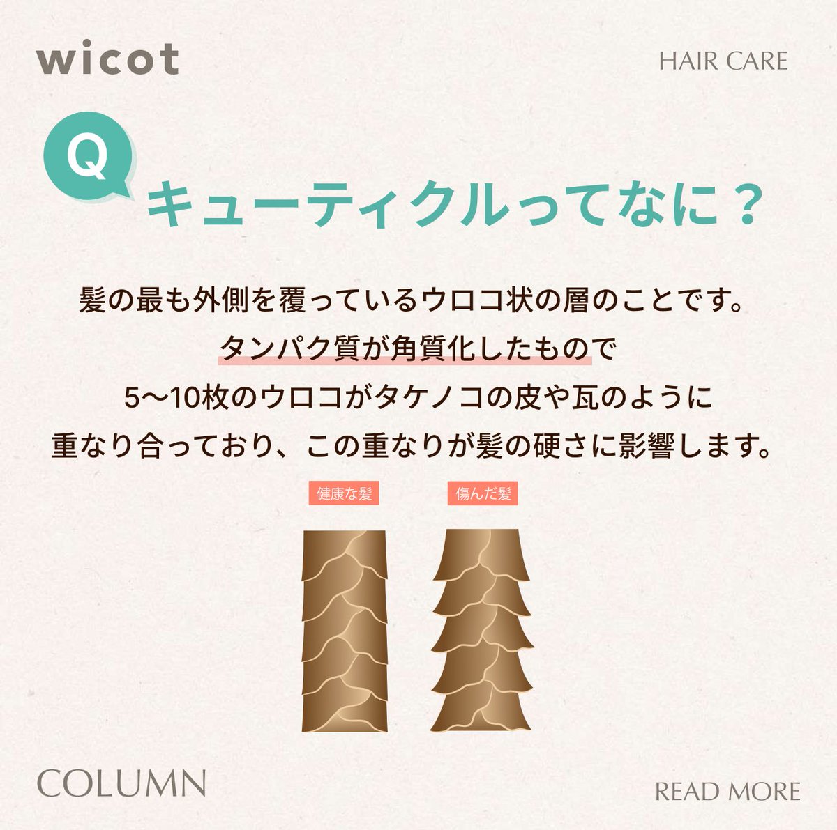 wicot_official's tweet photo. 「キューティクル」ってよく聞くけど、
実は何なのかちゃんと知ってる？💭

投稿ではQ&amp;A形式で
髪のキューティクルについて分かりやすく解説✨
普段の疑問をこの機会にスッキリさせましょう💡
見返せるよう【保存】してチェック✔️ https://t.co/nu8XIHXtWs