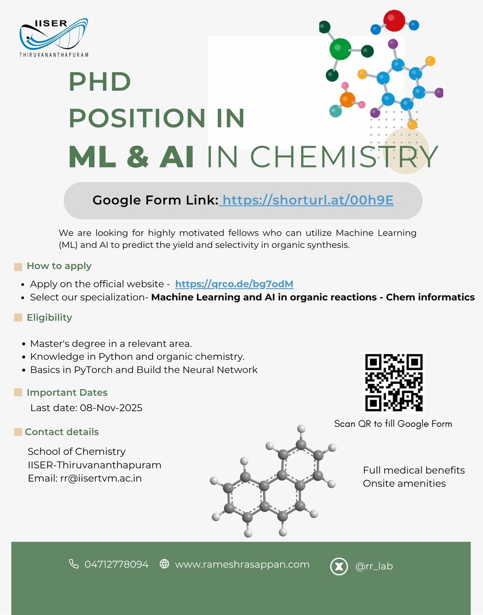 Exciting Ph.D. positions are now open in our <a href="/rr_lab/">Ramesh Rasappan Lab</a> at IISER TVM! If you’re a eligible &amp; passionate about making a real impact through research, Apply on the official website! - shorturl.at/00h9E
Please fill out this Google Form -shorturl.at/00h9E
<a href="/Chemie_iisertvm/">School of Chemistry IISER TVM</a>
