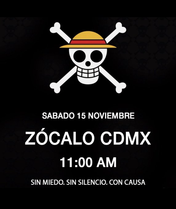 Black background with white crossed bones and a grinning skull wearing a straw hat with red band. Below the skull, white text reads SABADO 15 NOVIEMBRE. Further below, ZOCALO CDMX in large white letters. At the bottom, 11:00 AM in white text. Additional white text states SIN MIEDO SIN SILENCIO CON CAUSA.