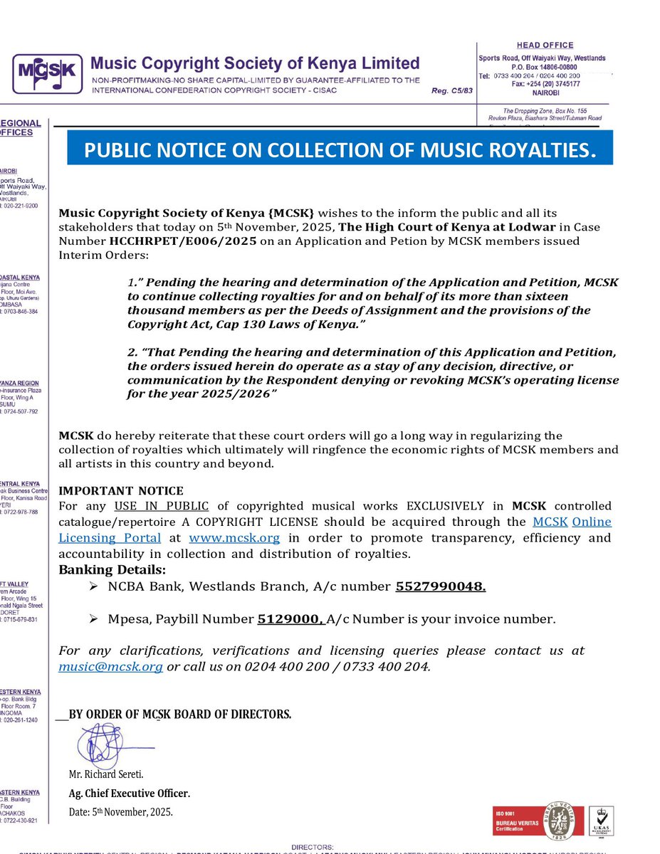 PUBLIC NOTICE: MCSK AUTHORIZED TO CONTINUE COLLECTING ROYALTIES

The Music Copyright Society of Kenya (MCSK) is pleased to inform all members, stakeholders, and the public that the High Court of Kenya at Lodwar has issued interim orders allowing MCSK to continue collecting