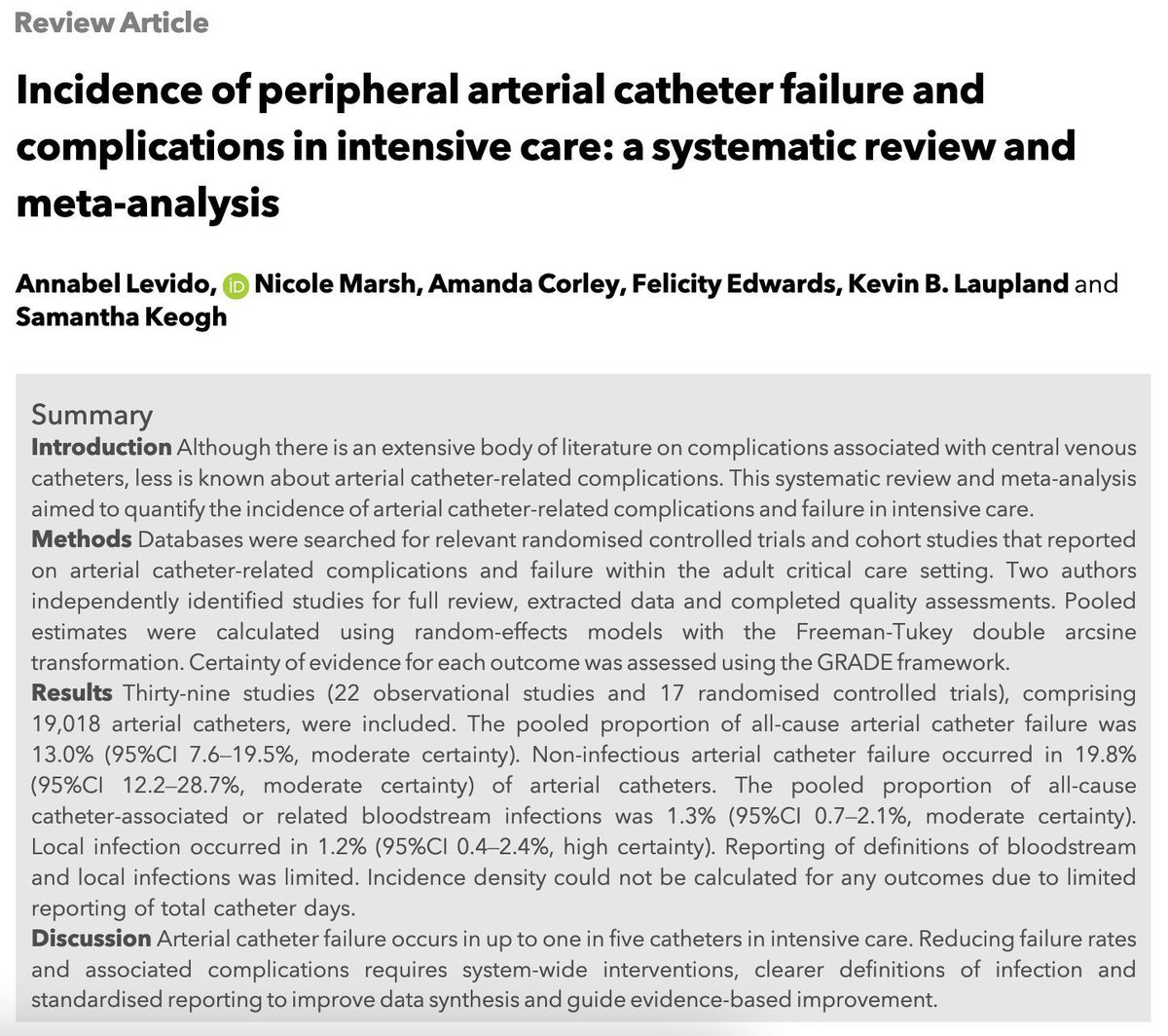 Complications associated with central venous catheters are widely known.

Less is known about arterial catheter-related complications.

Here's a systematic review which quantifies the incidence of arterial catheter-related complications and failure in ICU. 

#ICU #Anaesthesia