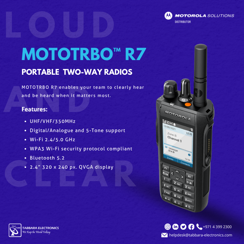 tabbarallc's tweet image. Never miss a word again with the Motorola Solutions MOTOTRBO R7, a digital two-way radio redefining audio clarity for seamless communication.

#TabbaraElectronics #MotorolaSolutions #uae #dubai #abudhabi #middleeast #MOTOTRBO #R7 #digitaltwowayradio 
#ملتزمون_ياوطن
#نتصدر_المشهد