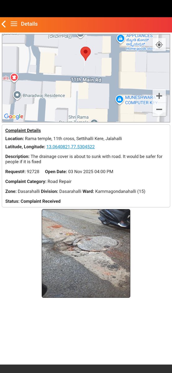 "<a href="/BbmpchdTeam/">CITIZEN HELP DESK - Bengaluru</a> <a href="/bnglurupothole/">Association Of Bengaluru Potholes</a> Raised complaint #92728 for dangerous road repair near Rama temple, Setthalli Kere, Jalahalli, Ward 15. No action in 3 days. Please resolve urgently before accidents occur! #NammaBengaluru #Dasarahalli"