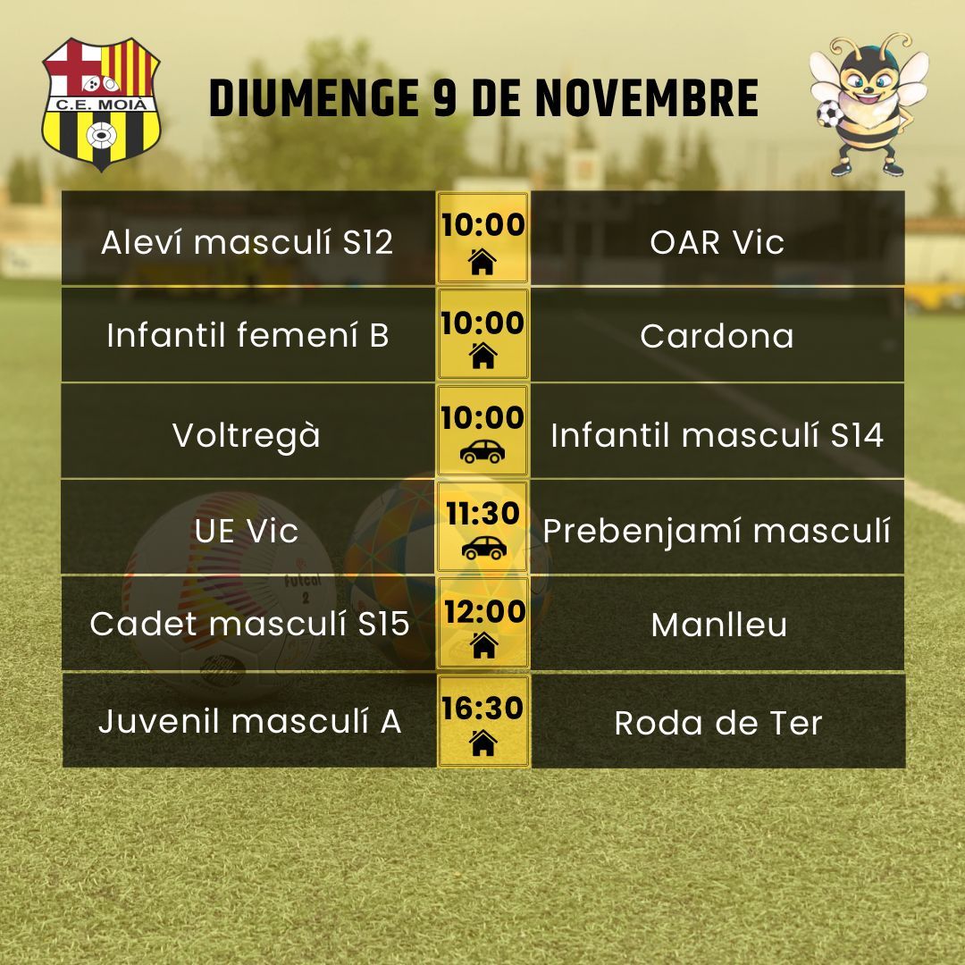 cemoia1922's tweet photo. ⚽️HORARIS CAP DE SETMANA⚽️
Som-hi Moià! 💛🖤
#somhimoià #futbol #moià #fcf #futcat #futfem #futbase #moianès https://t.co/ybT8R8qgQz