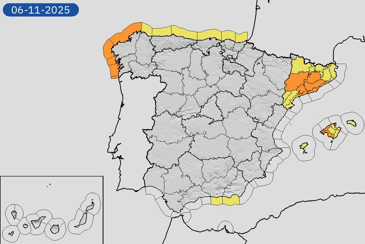 AEMET_Esp's tweet image. 06/11 08:00 AVISOS HOY | España: costeros, lluvias y tormentas. Nivel máximo de aviso: naranja.
Actualizaciones en aemet.es/es/eltiempo/pr…