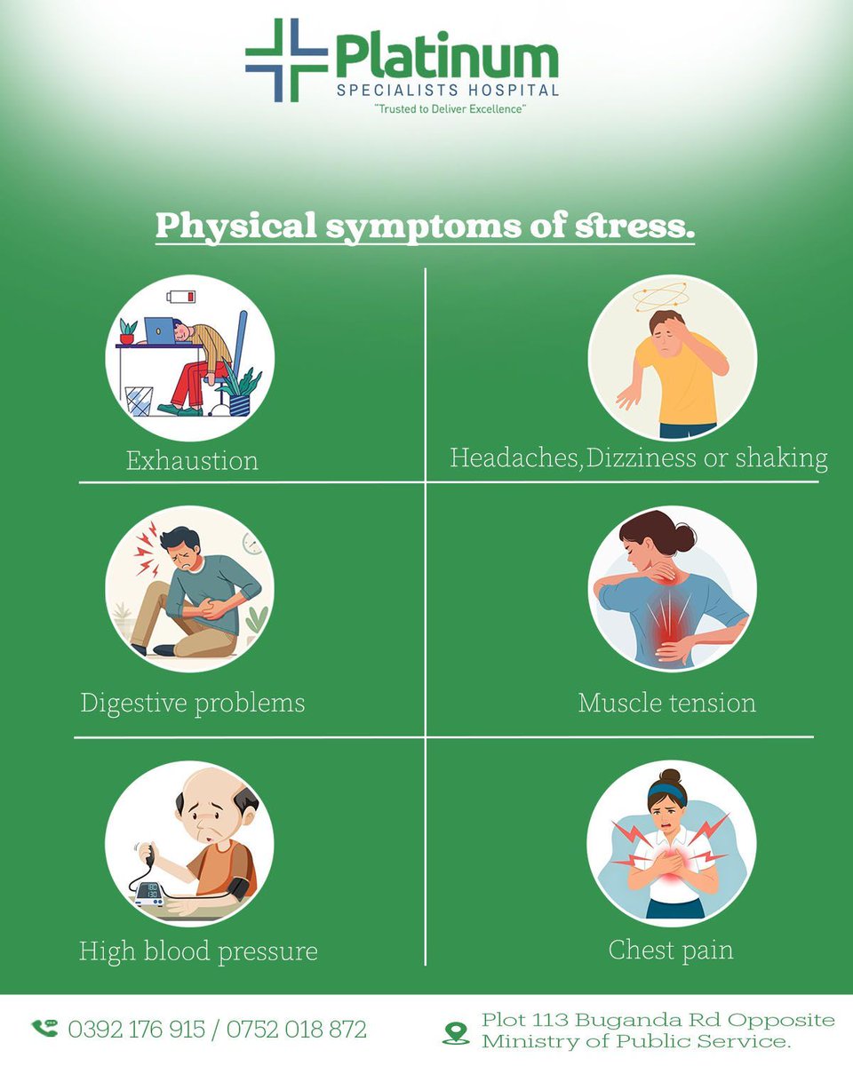 Are you experiencing any of the above, please seek medical attention at the nearest hospital or visit us at Plot 113 along Buganda Road for further assistance.

#stressawareness
#mentalhealth
#healthyliving