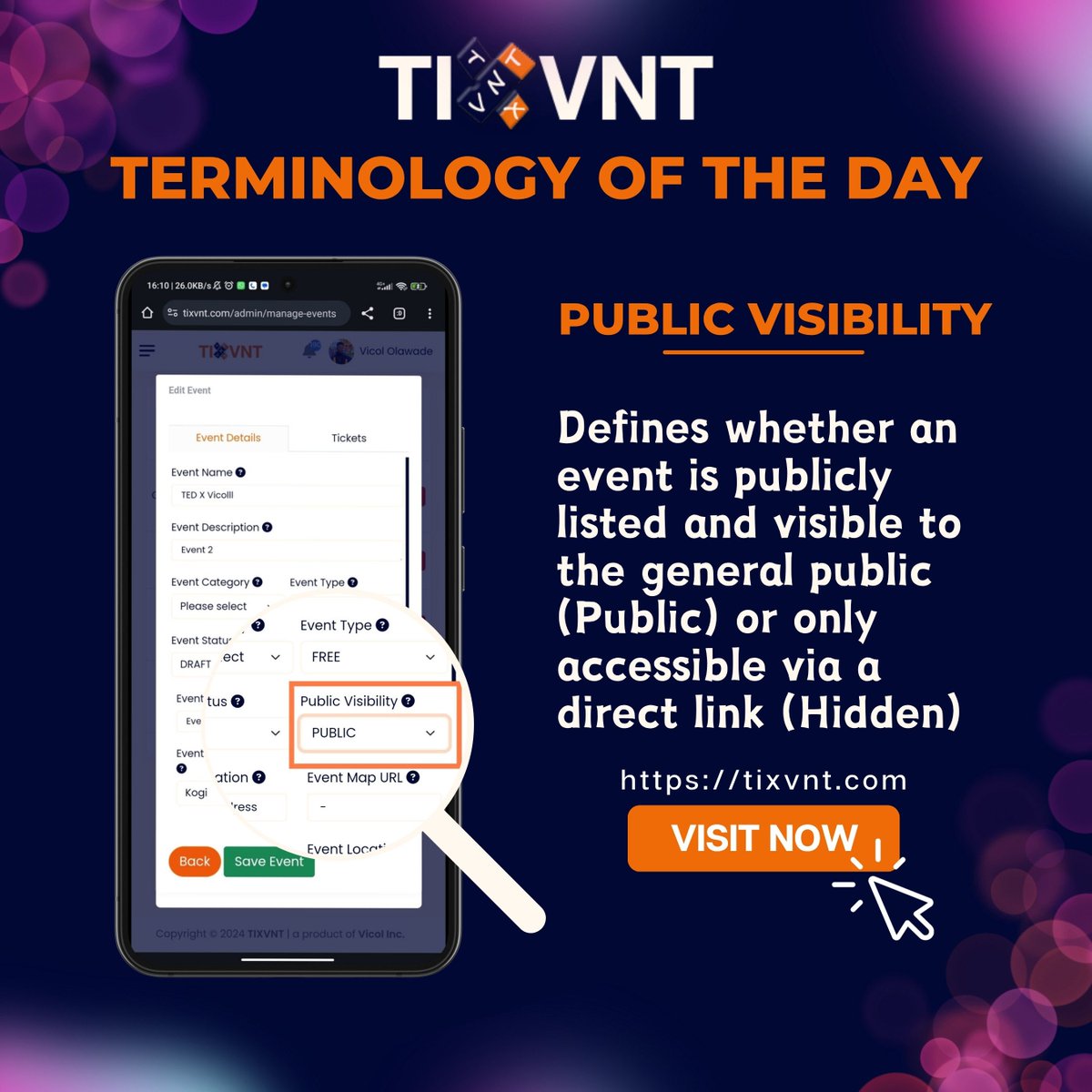 tixvnt's tweet image. Want your event seen by the world or only by a few? The choice is yours! 💃🕺
Manage your event’s exposure with Public Visibility 🛠️👀

#PublicVisibility #EventPrivacy #EventTips #EventPlanning #EventHosts #EventMarketing #Tixvnt #HiddenEvents #PublicEvents #EventVisibility