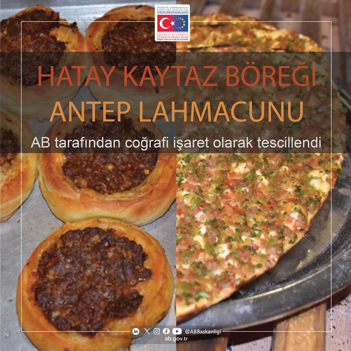 ABBaskanligi's tweet image. Hatay ilimizin sayısız lezzetinden biri olan “Hatay Kaytaz Böreği” ve Gaziantep mutfağının kıymetlisi olarak dünyaya nam salmış “Antep Lahmacunu/Gaziantep Lahmacunu” AB’de mahreç işareti (#PGI) olarak coğrafi işaret tescili almış bulunuyor.