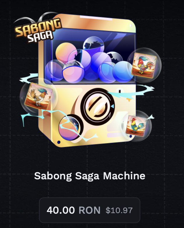 <a href="/FishingFrenzyCo/">Fishing Frenzy</a> @SabongSaga 4/ Introducing the Sabong Saga Machine

Cost: 40 RON per spin
Rarest Prize: Double Legendary trait Genesis chicken (current floor of 999 RON)
Other Prizes Available: Various Sabong Chickens ready for battle