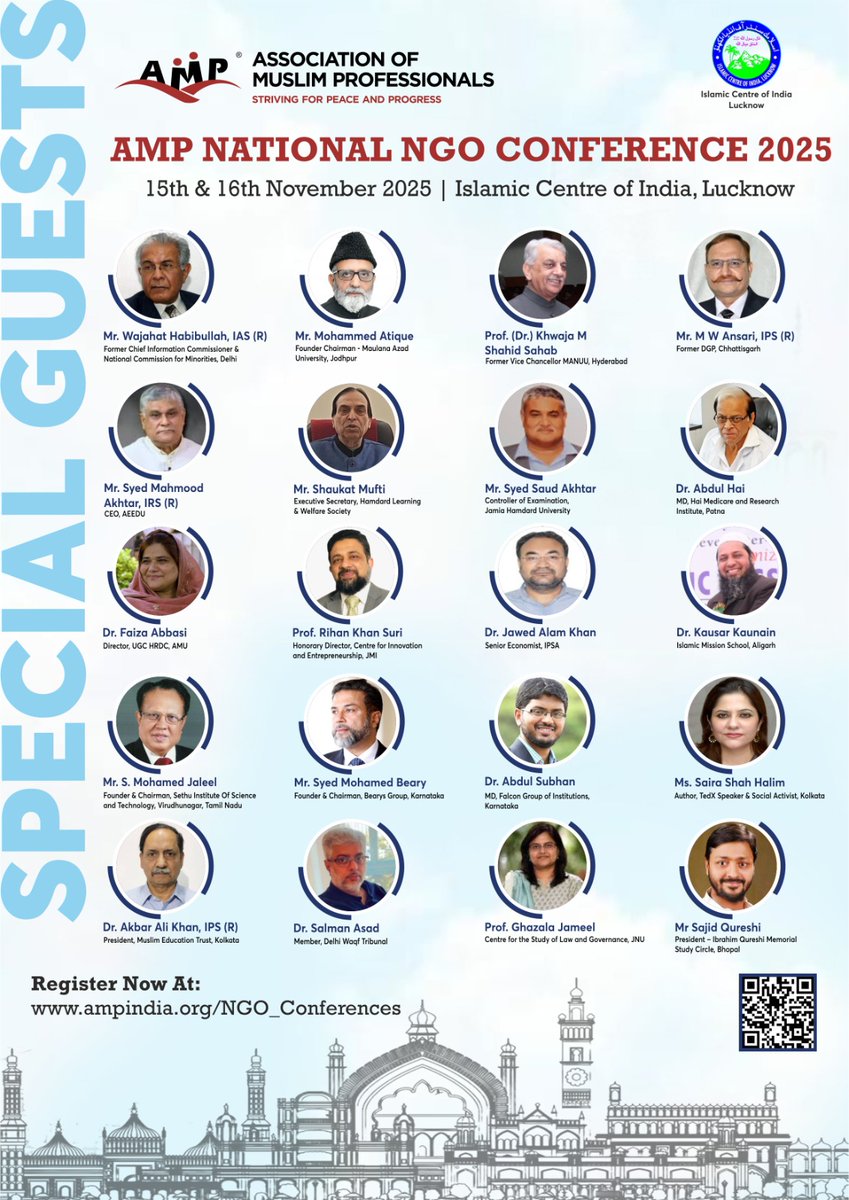 🌟𝐀𝐌𝐏 𝐍𝐀𝐓𝐈𝐎𝐍𝐀𝐋 𝐍𝐆𝐎 𝐂𝐎𝐍𝐅𝐄𝐑𝐄𝐍𝐂𝐄🌟
15th &amp; 16th Nov 2025 | Lucknow (U.P.)

 📢 𝐒𝐩𝐞𝐜𝐢𝐚𝐥 𝐆𝐮𝐞𝐬𝐭𝐬 𝐀𝐧𝐧𝐨𝐮𝐧𝐜𝐞𝐦𝐞𝐧𝐭!
AMP is happy to unveil the set of Special Guests who will be attending the National NGO Conference! 🌟