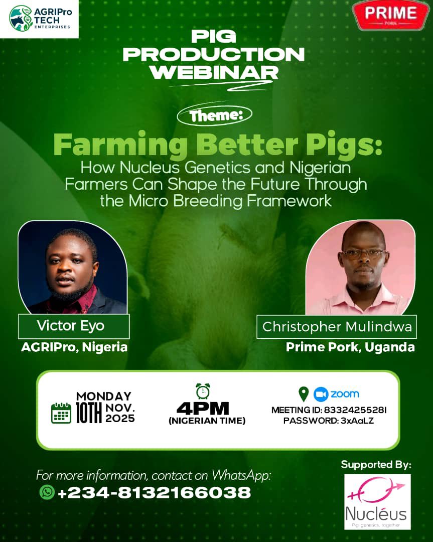 Join us for an insightful session on “Farming Better Pigs: How Nucleus Genetics and Nigerian Farmers Can Shape the Future Through the Micro Breeding Framework.”

📅 Date: Monday, 10 November 2025 🕓 Time: 4 PM (Nigerian Time) 📍 Platform: Zoom