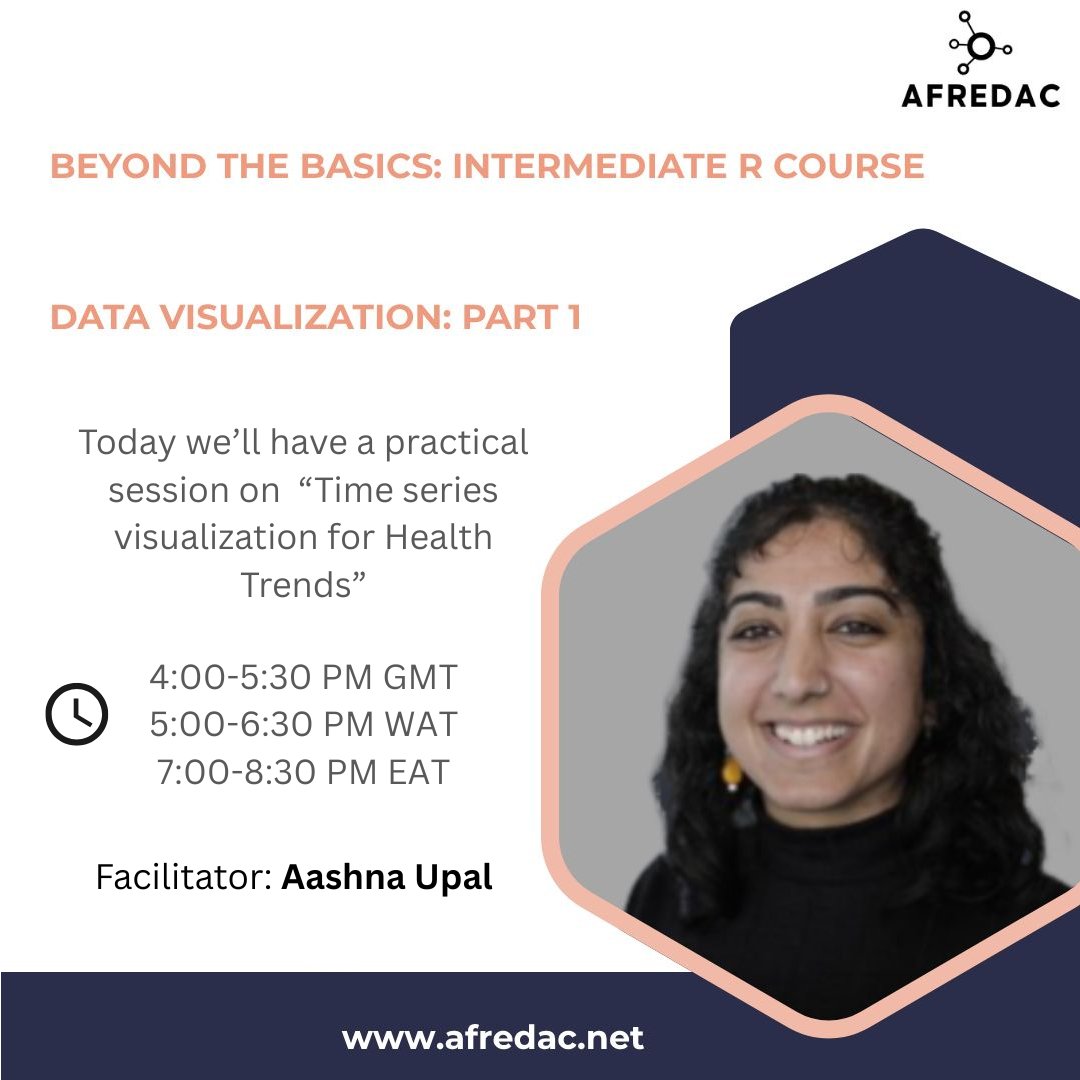 Welcome to today's session of the Intermediate R Training where we will be focusing on practical on Time series visualization for Health Trends

Sign up today at afredac.net/intermediate-r…

#Afredac #AfredacUbuntuPlatform #RforFunClub #RCommunity #DataVisualization #SkillDevelopment