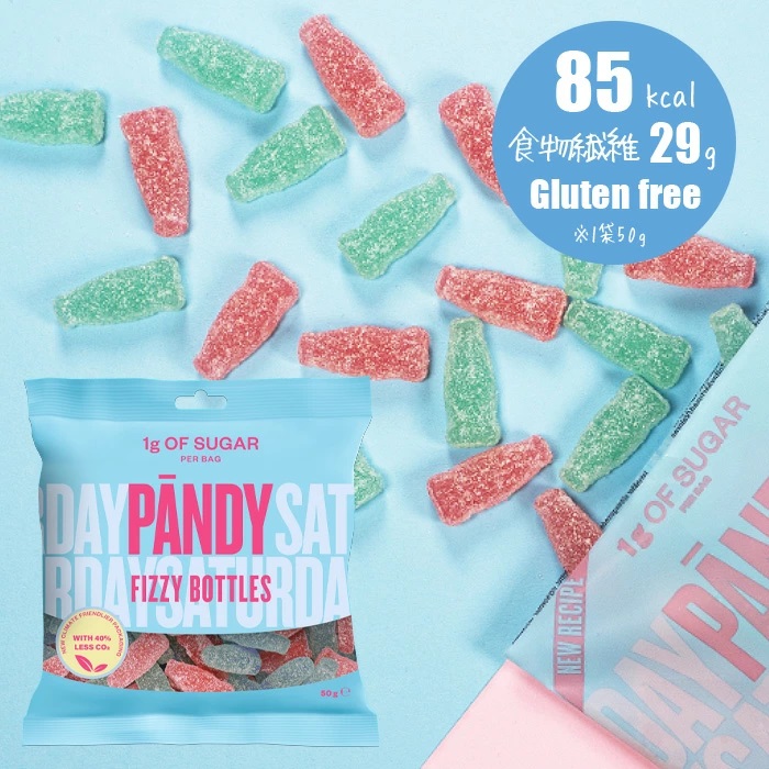InfoHeritagejp's tweet image. 小さなボトル型のグミです
バブルガム（ソーダ）フレーバー

・１袋（50ｇ）約85Kcal
・１袋（50ｇ）の砂糖は１ｇ以下
・食物繊維配合(※1袋当たり29g)
・ハードタイプ食感

#グミ #PANDY #パンディ #スウェーデン #ハードグミ