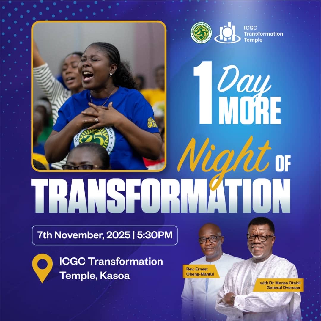 icgctt's tweet photo. The Night Of Transformation is tomorrow! Join Dr. Mensa Otabil this Friday at 5:30pm for a night of powerful teachings and new beginnings. 

Come along with your family and friends.  Let us step into a new season together!

PREPARE | PLAN | ATTEND https://t.co/EftggZeB1J