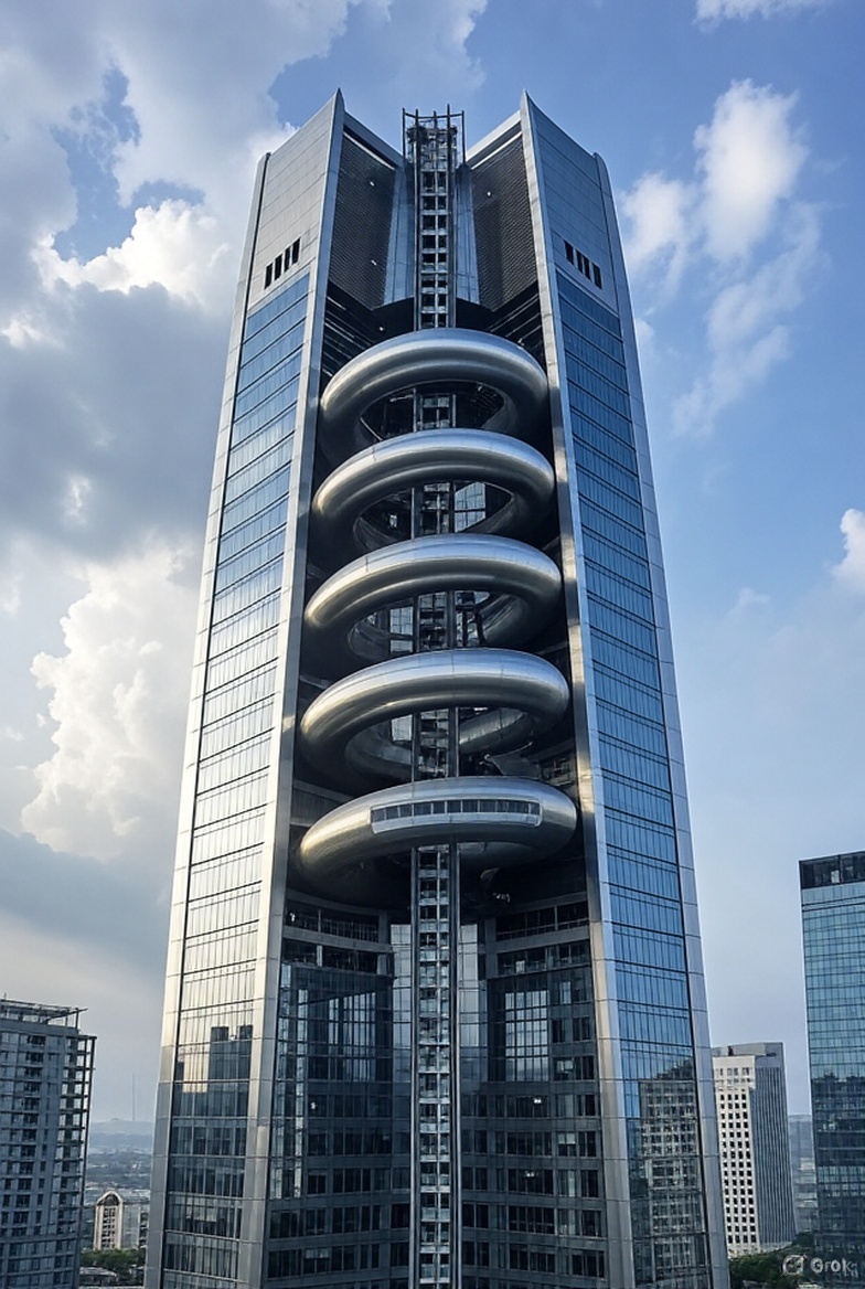 Announcing the Helical Hotel, where guests will spiral skyward to luxury suites featuring incredible views of Futureville.  Make your reservations today!