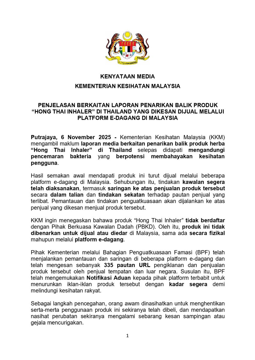 BernamaTV's tweet photo. Penjelasan berkaitan laporan penarikan balik produk “Hong Thai Inhaler” di Thailand yang dikesan dijual melalui platform e-dagang di Malaysia.
#digitalbernamatv
#hongtai
#inhaler
#thailand
#kementeriankesihatanmalaysia https://t.co/XaHzHNKpbQ