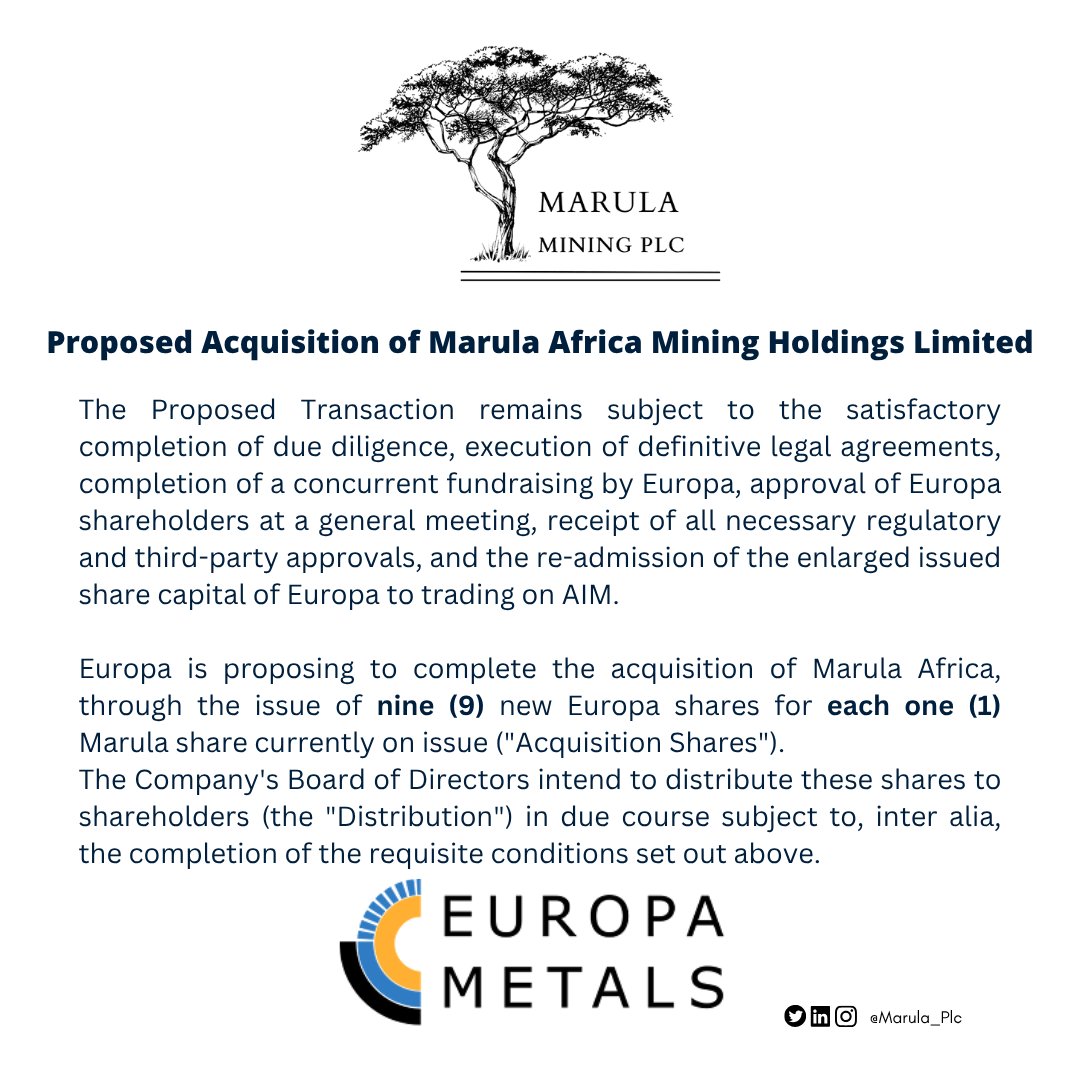 📢Europa Metals Ltd (AIM, AltX: #EUZ) has signed Heads of Terms to acquire 100% of Marula Africa, Marula Mining Plc's subsidiary, through a proposed reverse takeover (RTO).

➡️ 9 Europa shares for each 1 Marula share 
➡️ Shareholders to receive Europa shares upon completion
#MARU