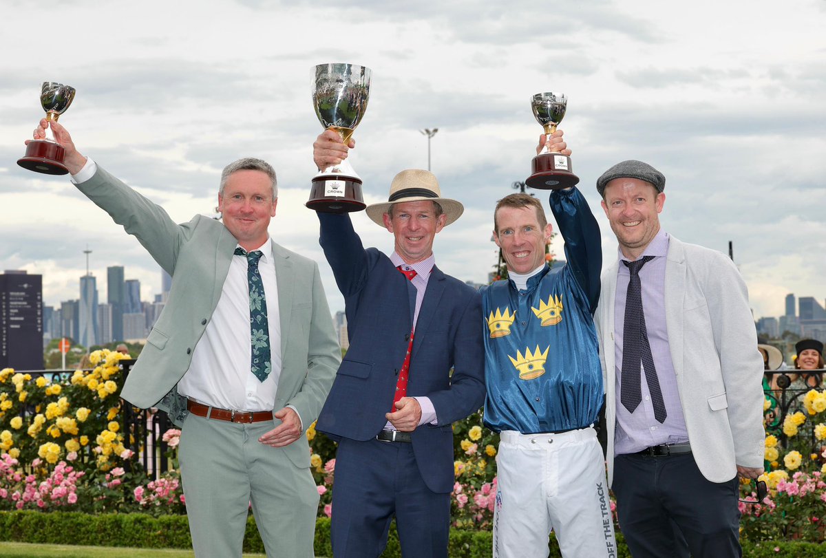 FlemingtonVRC's tweet photo. Strictly Business and John Allen have won the Crown Oaks for @tdcarberry 👑

@CrownResorts #OaksDay #MelbCupCarnival https://t.co/43m7KUbWDi