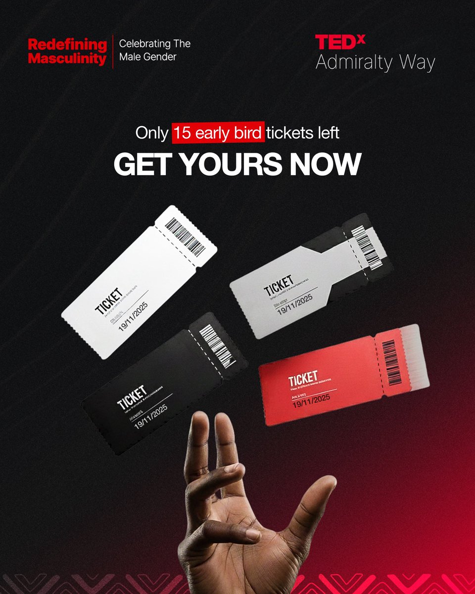 TEDx_Admiralty's tweet photo. They’re almost gone 👀
Only 15 early bird tickets left. Don’t just hear the conversation, be part of it.

Get your tickets via the link in bio
���Filmhouse Cinemas, Admiralty Way, Lekki
🗓️Wednesday, November 19
🕕10 AM

#TEDxAdmiraltyWay #RedefiningMasculinity #EarlyBirdTickets https://t.co/gFg31CeCwh