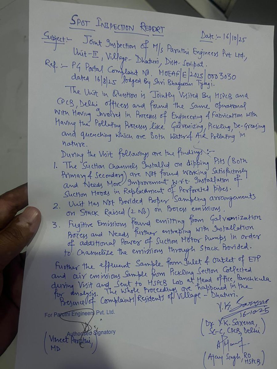 ShriBhagwa59403's tweet image. @DARPG_GoI HSPCB issued a show cause notice to Paruthi Engineers, Dhaturi (Sonepat) for air pollution violations — but no action taken yet.
Inspection found untreated emissions &amp;amp; poor control systems.
Awaiting follow-up.
#PollutionControl #HSPCB #Haryana
#dcsonipat ##pmoindia