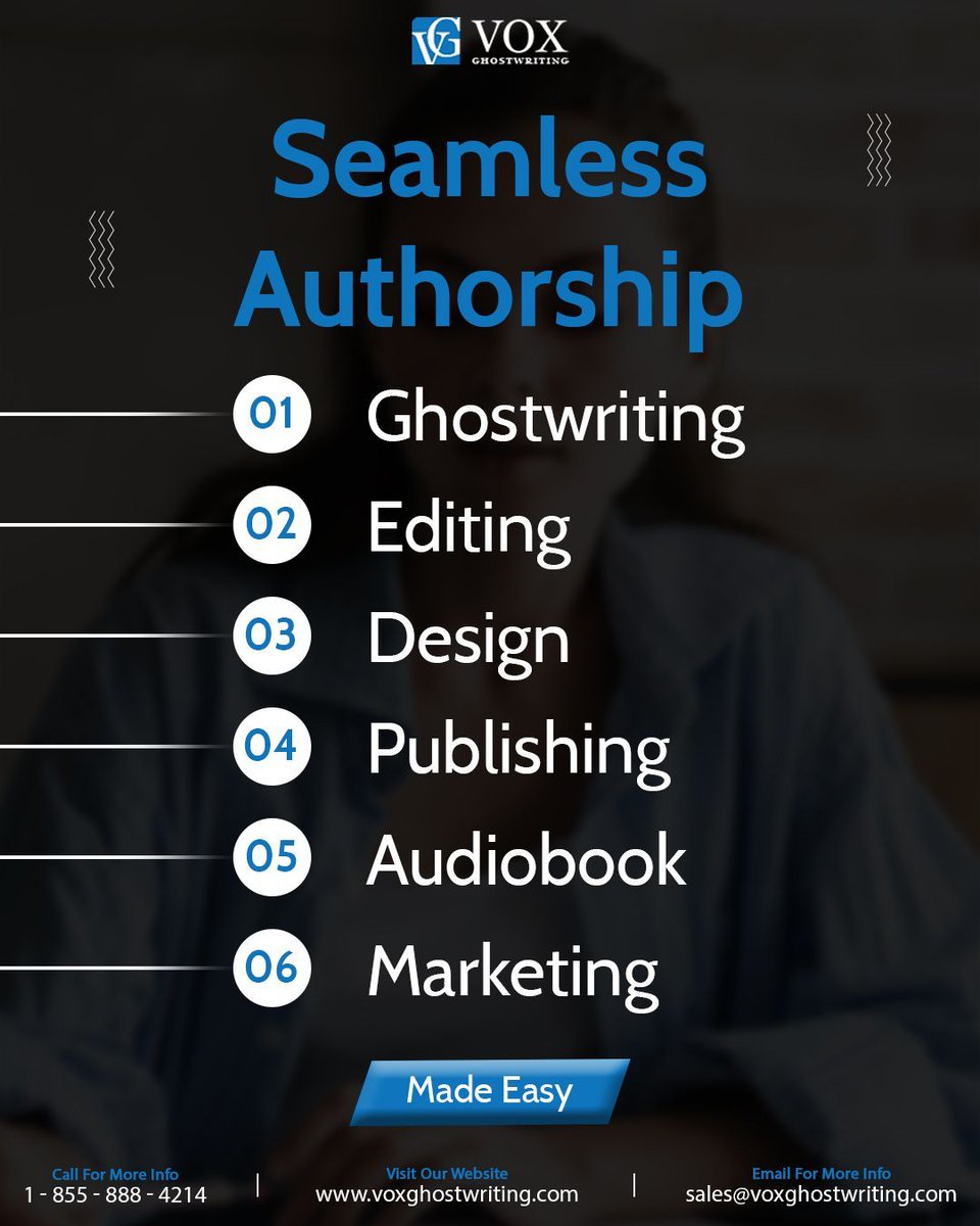 GhostwritingVox's tweet image. 🚀 One team, every step covered. Write, edit, design, publish, market—we make it effortless so you can focus on your legacy. 🎙️📖💡
voxghostwriting.com

#VoxGhostwriting #AllInOnePublishing #AudiobookCreation #BookMarketing #AuthorsMadeEasy #PublishWithConfidence