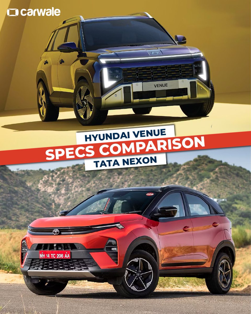CarWale's tweet image. Hyundai Venue vs Tata Nexon— two feature-packed compact SUVs go head-to-head! ⚔️🚙

We’ve compared their prices, engines, transmissions, and power figures to see which one comes out on top. 💪
#hyundai #venue #hyundaivenue #tata #nexon #tatanexon #cwactivity #cwcomparison #cars