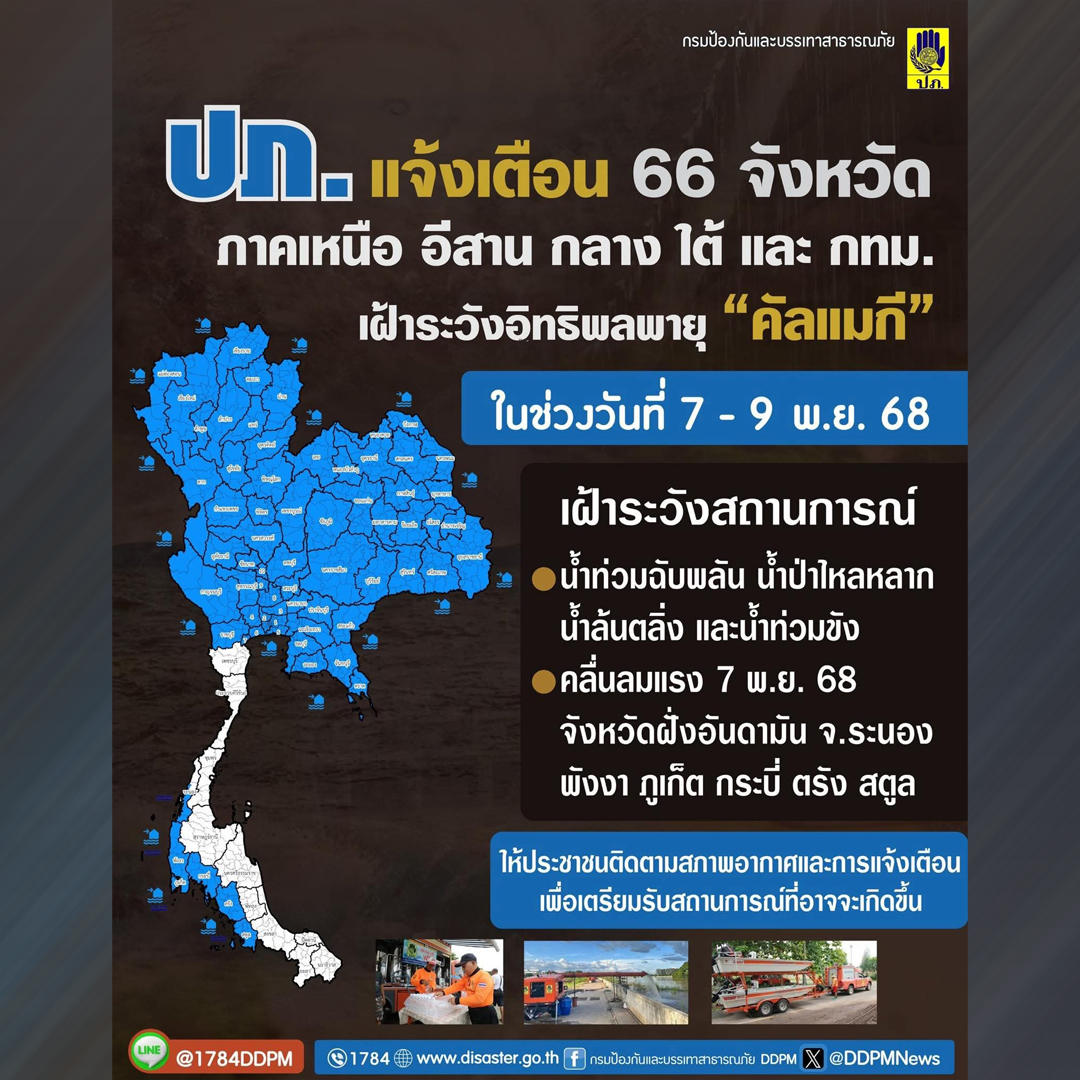 fm91trafficpro's tweet image. ปภ. แจ้ง 66 จังหวัด ในพื้นที่ภาคเหนือ อีสาน กลาง ภาคใต้ และ กทม. เฝ้าระวังพายุ “คัลแมกี” อาจทำให้เกิดน้ำท่วมฉับพลัน น้ำป่าไหลหลาก น้ำล้นตลิ่ง น้ำท่วมขัง และคลื่นลมแรง ช่วงวันที่ 7 - 9 พ.ย. 68
fm91bkk.com/newsarticle/60…

#คัลแมกี #พายุ #พายุคัลแมกี #ข่าวจราจร #สวพ91
