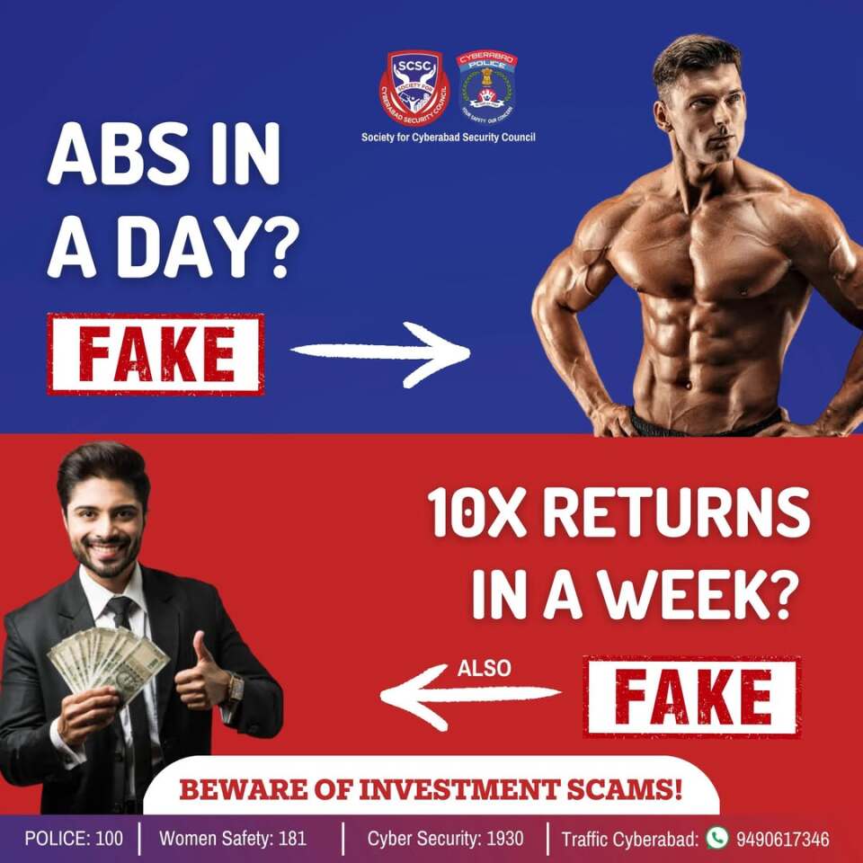 SCSC_Cyberabad's tweet image. 💸 Beware of Investment Scams! 🚨

Fake trading apps &amp;amp; quick-return offers = 🚩
✅ Verify before investing
❌ Don’t share OTPs/bank info
📞 Report: 1930 | cybercrime.gov.in

#CyberJagruktaDiwas #SCSC #CyberabadPolice #ThinkBeforeYouInvest #CyberSafety