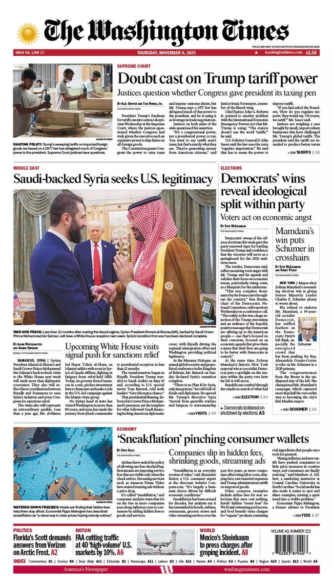 ukpapers's tweet image. 🇺🇸 Doubt Cast On Trump Tariff Power

▫Judges question whether Congress gave President its taxing pen
▫@ASwoyer @TomHowellJr
▫is.gd/wPDbJ1

#frontpagestoday #USA @WashTimes