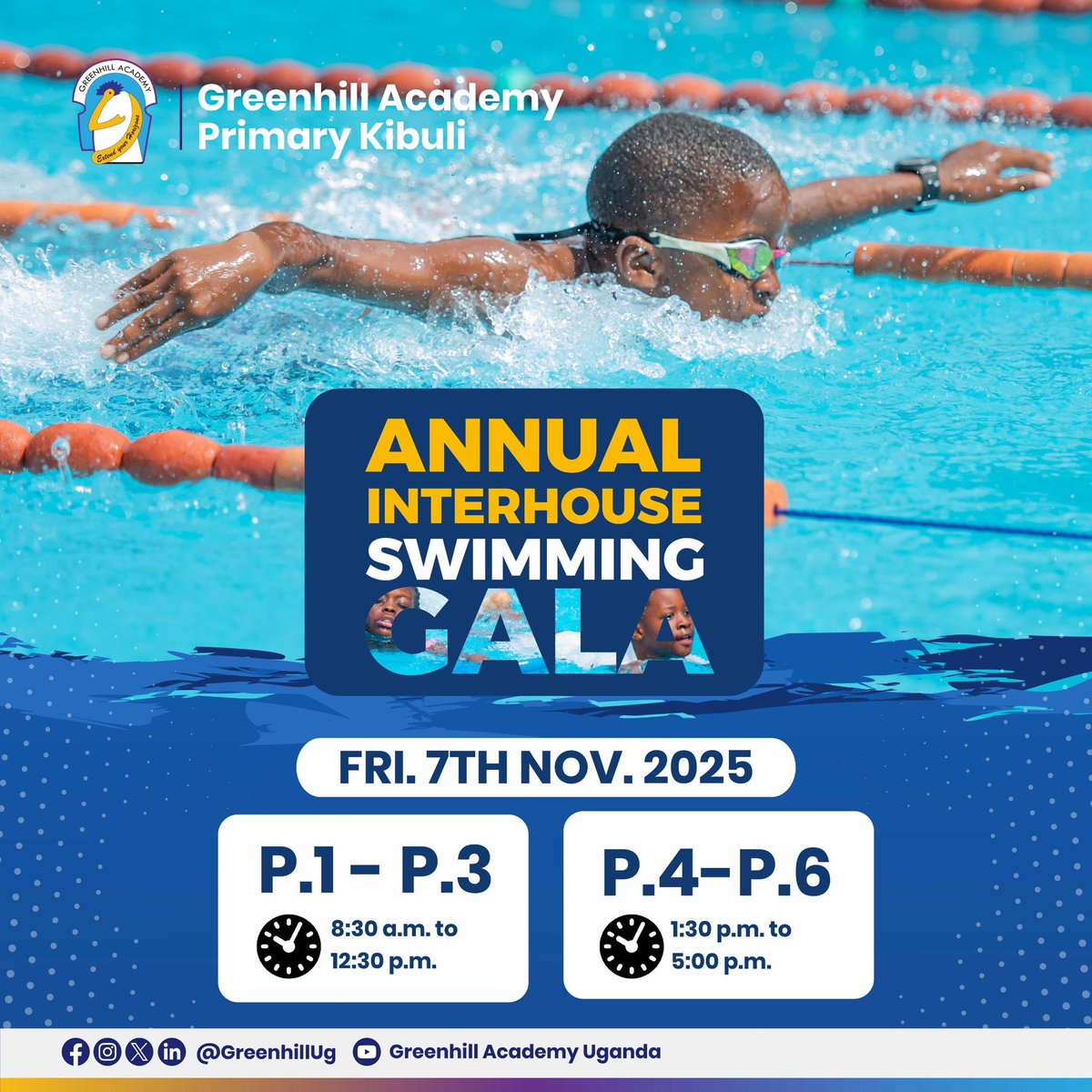 Tomorrow, we dive in at Greemhill Academy Kibuli for the Annual Interhouse Swimming Gala starting at 8.30am.

Let’s show up and cheer our swimmers on! 🏊🏾‍♂️ 👏🏾

#GreenhillSchools