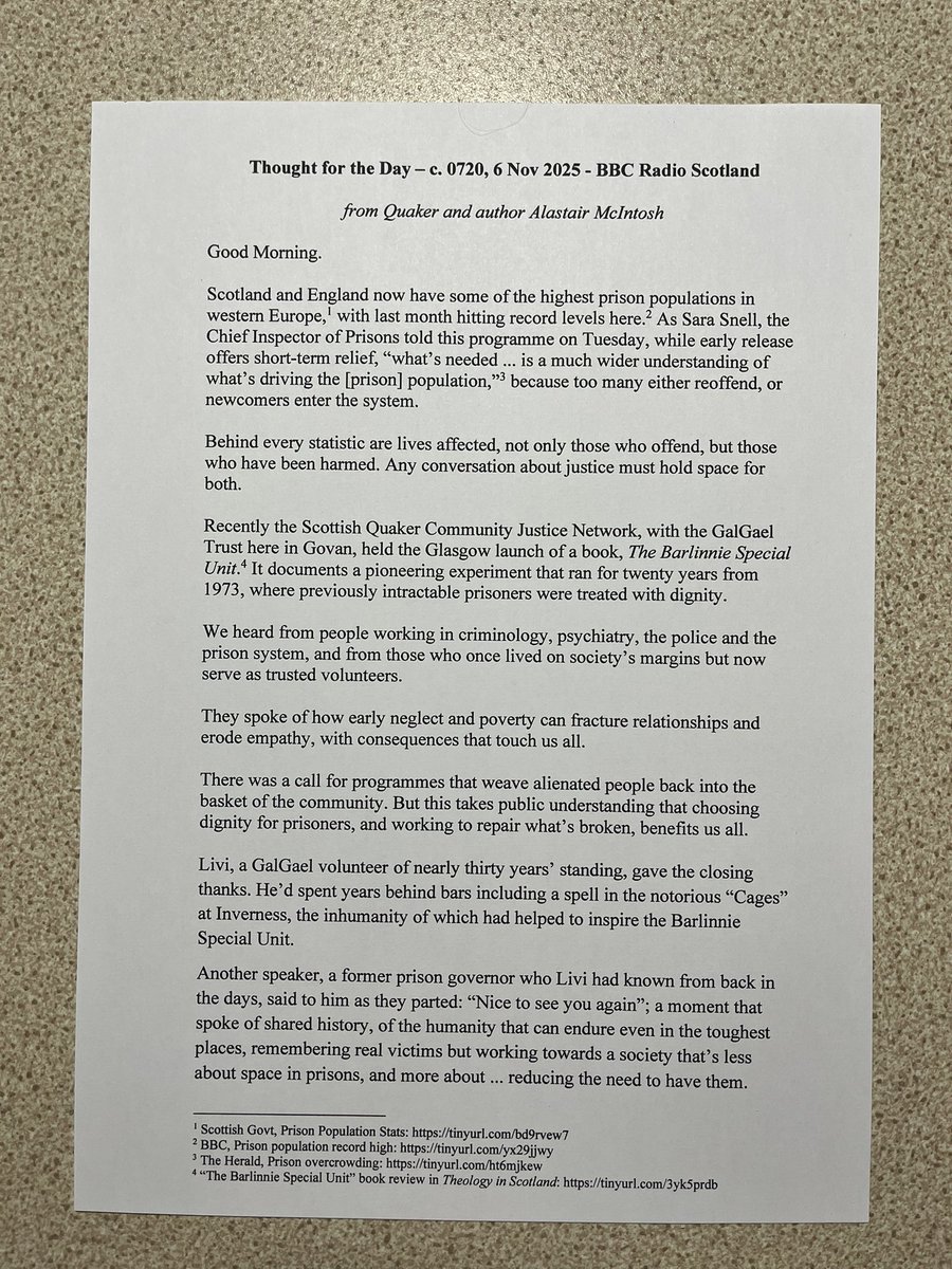 alastairmci's tweet image. Treating prisoners with human dignity - insights from the Barlinnie Special Unit and reducing the need to have prisons. My Thought for the Day today on BBC Radio Scotland. Can also be heard about 1:24 in (0723) at bbc.co.uk/programmes/b00…