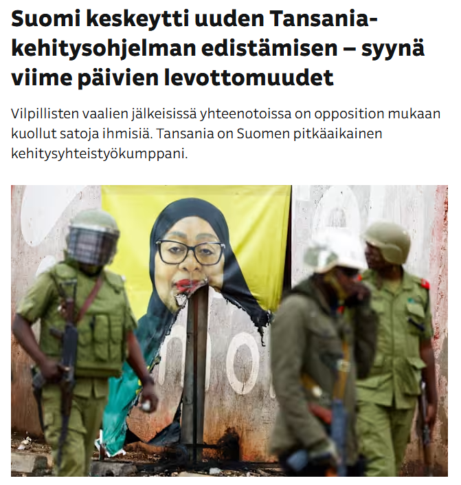 Hienoa! 

Koko Tansanian maaohjelma (rahankuppaus) tulisi lakkauttaa. 

Suomi on tukenut Tansaniaa 1960-luvulta lähtien ja tulokset näemme. Niitä ei ole.