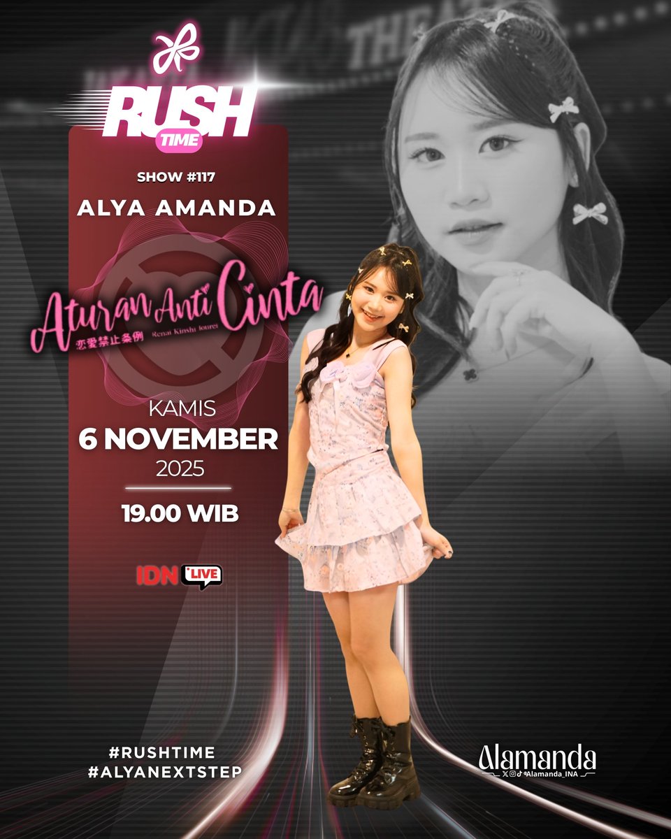 Alamanda_INA's tweet photo. RUSHTIME IS BACK! 🚨✨
Bu Bos @AA_AlyaJKT48 siap tampil lagi di setlist Aturan Anti Cinta! 💃💙
Energi udah full, senyum udah siap, tinggal dukungan paling heboh dari kalian! 🔥
Let’s cheer loud for our rainbow girl, Alya Amanda! 🌈💫
#AlyaNextStep
#RUSHTIME https://t.co/cT8lUYHI4a