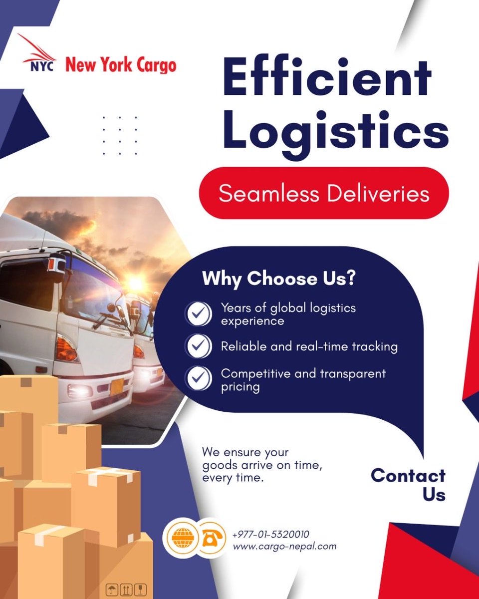 Delivering trust, one shipment at a time 🚛🌍 Experience seamless logistics, real-time tracking &amp; on-time delivery with New York Cargo — because your goods deserve the best! 📦✨
📍 Thamel, Kathmandu | 📞 01-5320010 🌐 cargo-nepal.com
#NewYorkCargo #CargoNepal