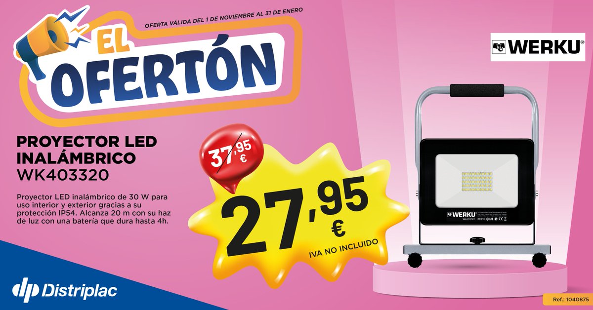 Distriplac_dp's tweet image. 💡 EL OFERTÓN Distriplac | Proyector LED Werku WK403320 a 27,95€ (antes 37,95€)
✅ 30W inalámbrico con batería 4h
✅ Protección IP54 interior/exterior
✅ Alcance 20 metros

📅 Válido del 1 nov al 31 enero

#Werku #ProyectorLED #Distriplac