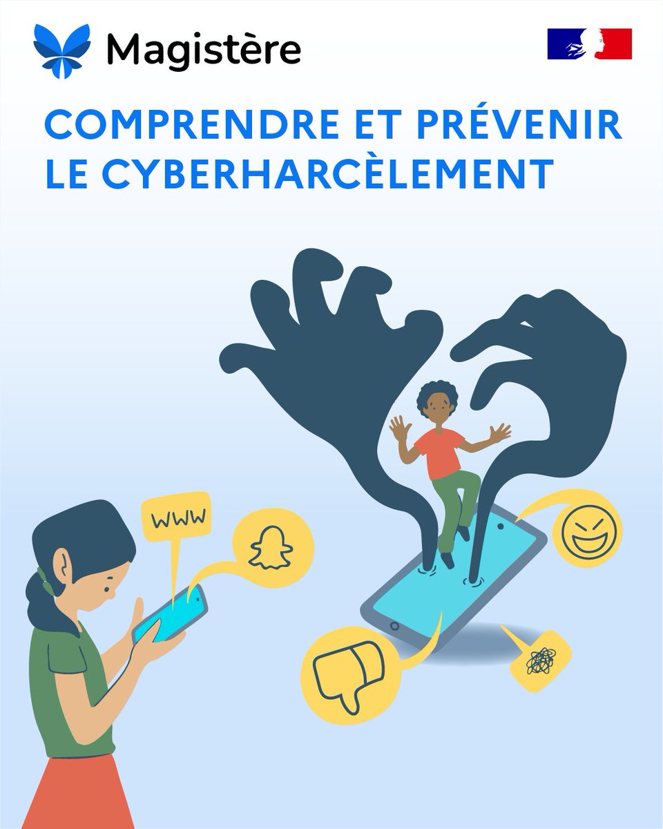 🎗 Journée nationale de lutte contre le harcèlement à l’école – Découvrez
le parcours Magistère « Comprendre et prévenir le cyberharcèlement » pour accompagner les victimes de cyberharcèlement,  identifier les violences, etmener des actions en classe ici : swll.to/bfQLwWH