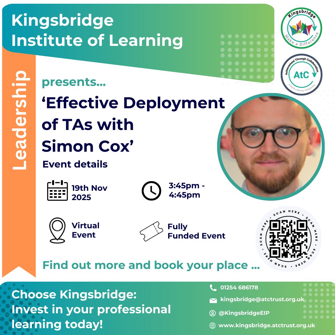 KingsbridgeInst's tweet image. 📣 LAST CALL!!!
🎓 Fully Funded Online Leadership Event
📌 Effective Deployment of TA&apos;s

🗓️ Date: 19th Nov 2025
🕒 Time: 3:45–4:45pm
💻 Online | FREE to attend
👉 tinyurl.com/2pe3uk8d

#LeadershipDevelopment #EEF #EvidenceInformed #SchoolImprovement #ProfessionalLearning