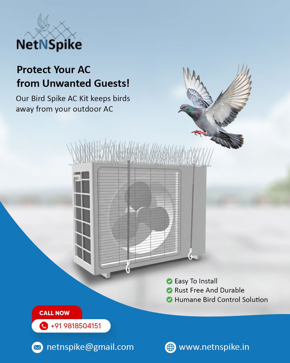 netnspike's tweet image. Protect your AC from unwanted guests! 🕊️
Keep birds away with the NetNSpike Bird Spike AC Kit — easy to install, rust-free &amp;amp; humane.
👉 Call: +91 9818504151
🌐 netnspike.in

#BirdControl #ACProtection #NetNSpike
