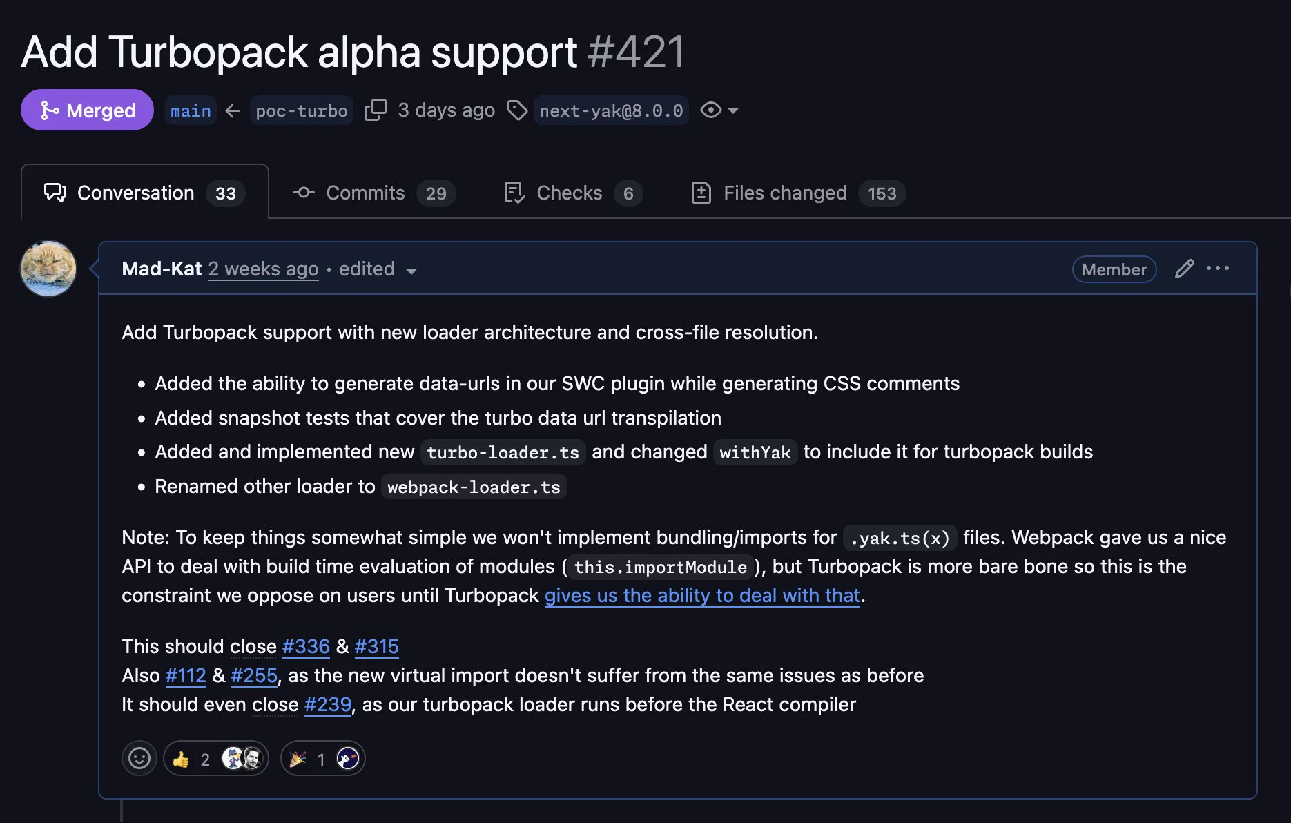 Displays the overview of the PR, that added support for turbopack