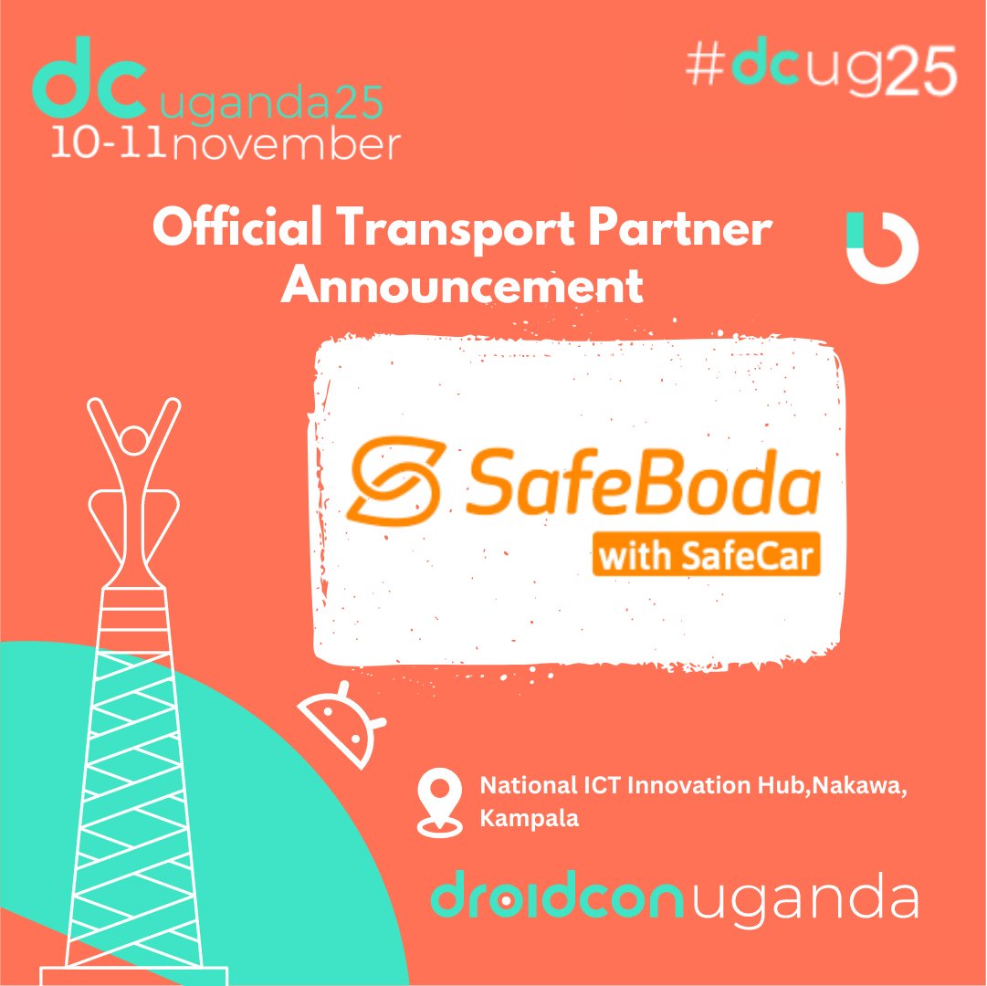 droidconug's tweet image. 🚖 Official Transport Partner Announcement 🚀
We’re thrilled to announce @SafeBoda as the Official Transport Partner for #dcug25 🇺🇬

Get ready for a smooth ride to and from National ICT Innovation Hub — powered by Uganda’s leading mobility platform. 

Together, we’re making tech…