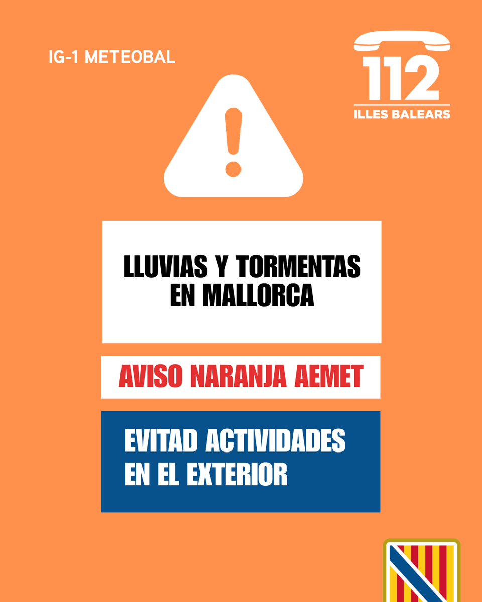 Emergencies_112's tweet photo. ⚠️ Actualización de las alertas por meteorología adversa 🌧️⛈️

🟠Activada la alerta naranja (IG-1 del Plan Meteobal) por lluvias y tormentas ☔️ en Mallorca.

🟡Activada la alerta amarilla (IG-0 del Plano Meteobal) por lluvias y tormentas ☔️ en Menorca, Ibiza y Formentera.

Os pedimos precaución en las próximas horas, que sigáis nuestros consejos y que llaméis al 112 📞 en caso de sufrir una emergencia 🙏🏻

💭 Podéis seguir los avisos por horas en el canal oficial de  @AEMET_Baleares ➡️https://t.co/T7OwH3ZCs7