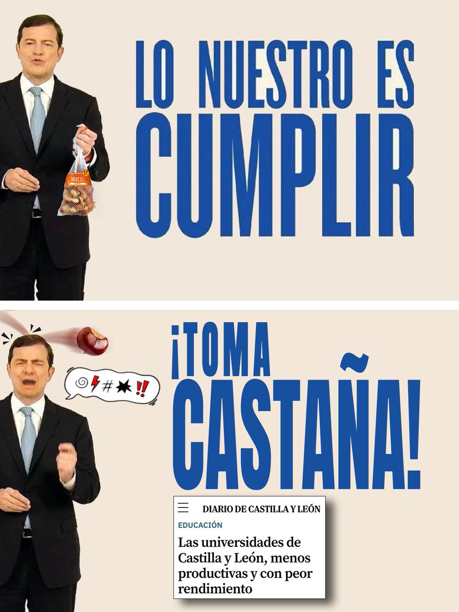 💙Capítulo segundo de…

🌰LAS CASTAÑAS DE MAÑUECO.

➡️ “Las universidades de #CYL, menos productivas y con menos rendimiento” <a href="/DiarioCyLMundo/">Diario de Castilla y León</a> 

🔵diariodecastillayleon.es/castilla-y-leo…