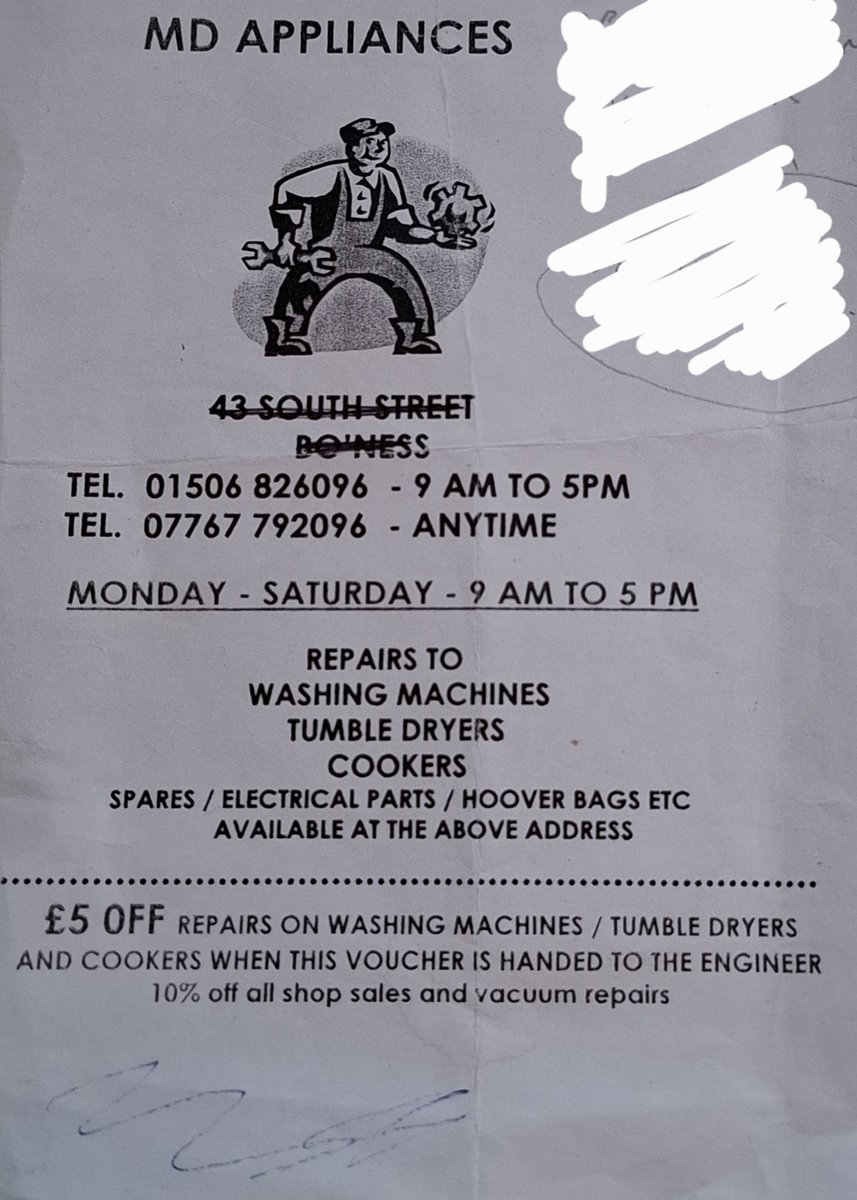 A repair on a 30 year old Hotpoint washing machine yesterday in Linlithgow. With a stroke of luck, I had a replacement control dial and it's back working again. Customer also had this old leaflet from a drop we done about 25-30 years ago. And yes, I honoured the £5 discount. 🤣